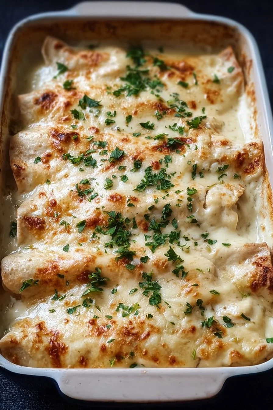 Creamy White Chicken Enchiladas 2 Creamy white chicken enchiladas topped with cheese and green onions