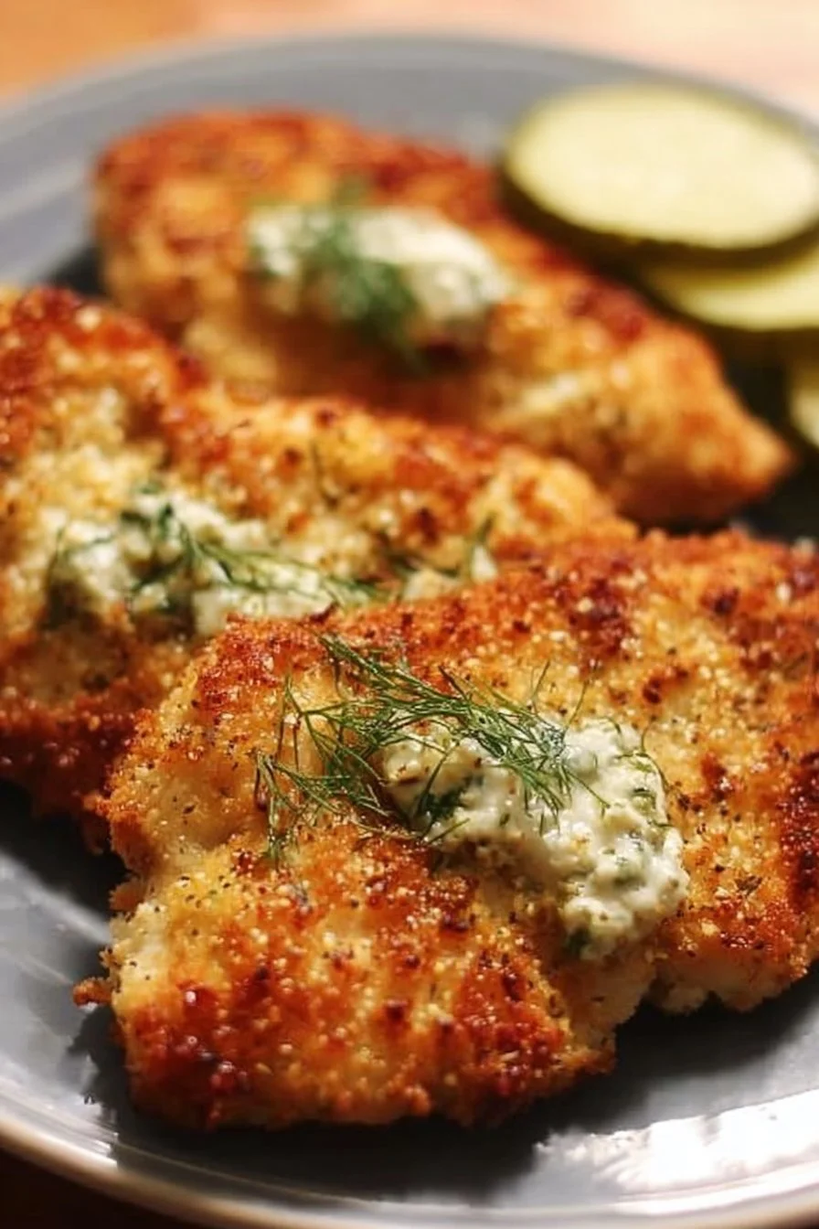 Crispy Dill Pickle Parmesan Chicken garnished with fresh herbs