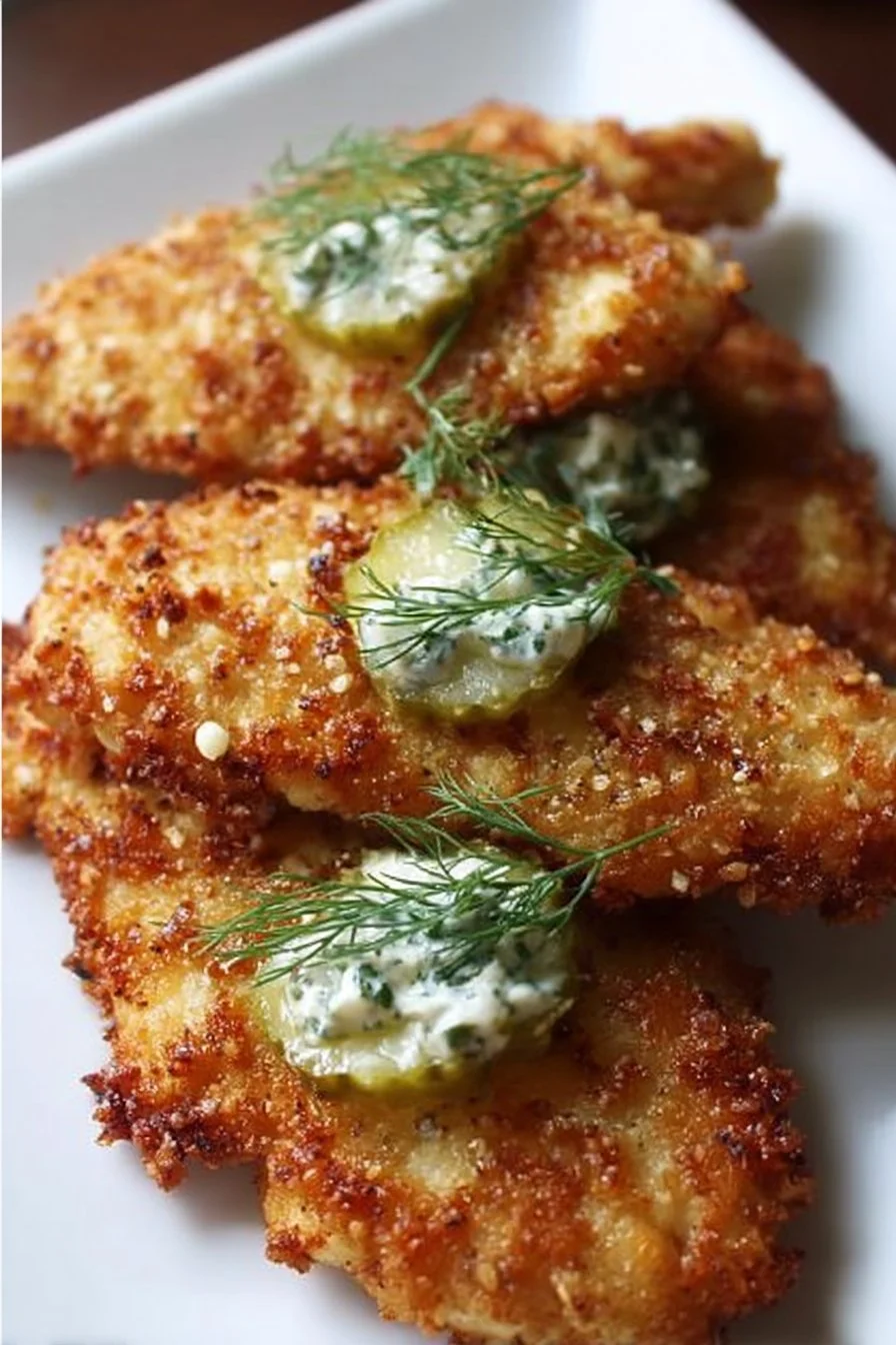 Crispy Dill Pickle Parmesan Chicken 2 Crispy Dill Pickle Parmesan Chicken served with a side of dipping sauce
