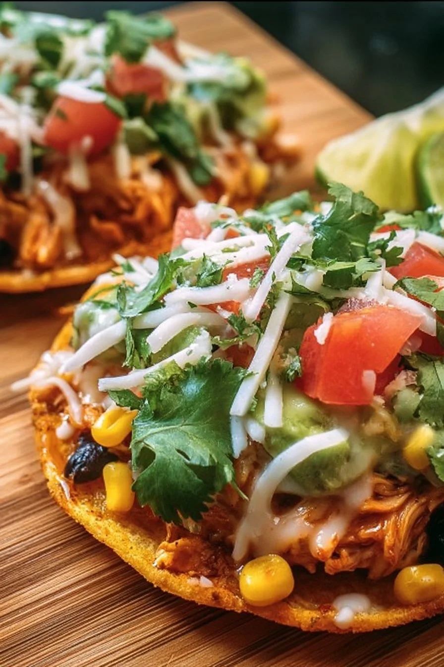 Crispy rotisserie chicken tostadas garnished with fresh veggies and sauces