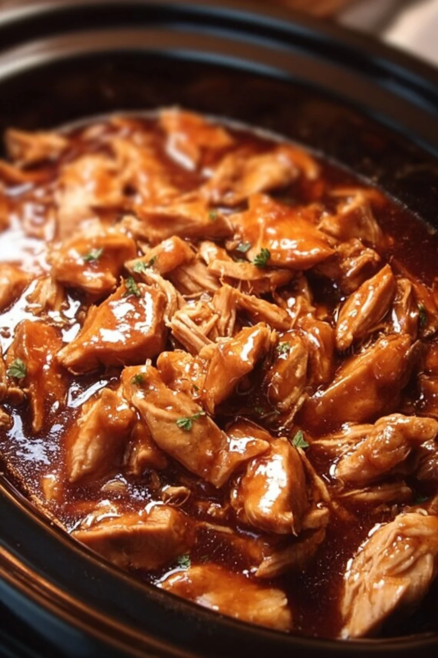 Crock Pot Bourbon Chicken served with rice and vegetables