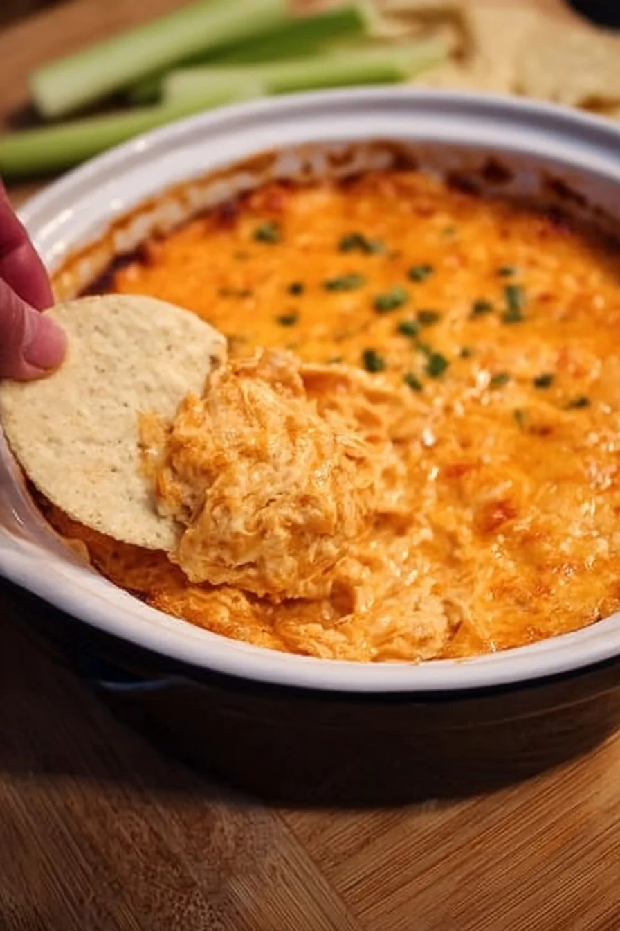 Delicious Crockpot Buffalo Chicken Dip served in a bowl with tortilla chips