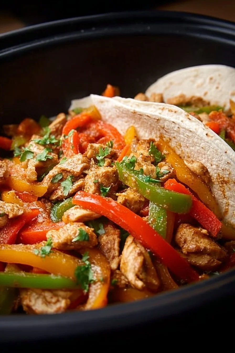 CrockPot Chicken Fajitas 2 Delicious CrockPot chicken fajitas served with colorful bell peppers and tortillas
