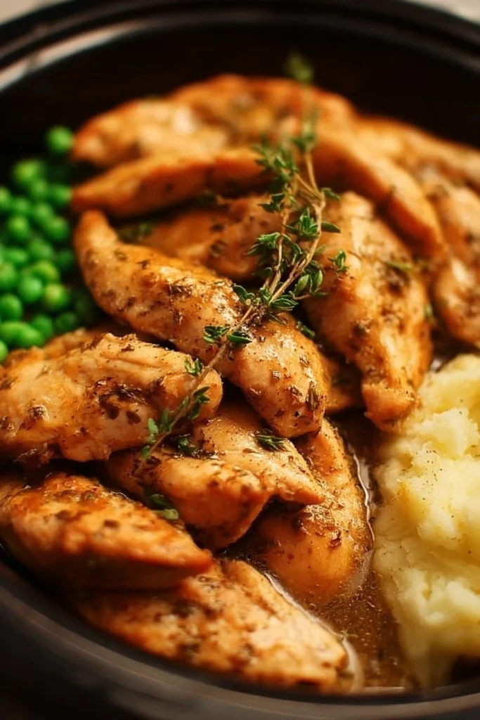 Crockpot chicken tenderloins served with vegetables and sauce