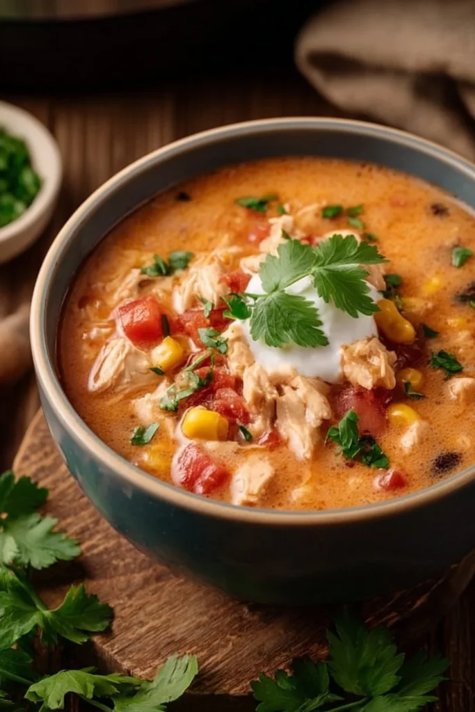 Crockpot Creamy Chicken Taco Soup ready to serve in a bowl