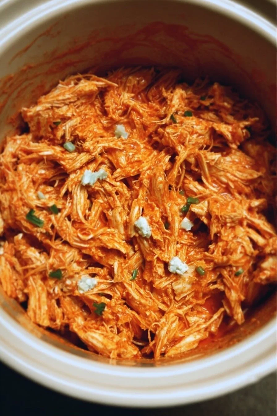 Crockpot Shredded Buffalo Chicken 2 A bowl of Crockpot Shredded Buffalo Chicken served with buns and toppings.