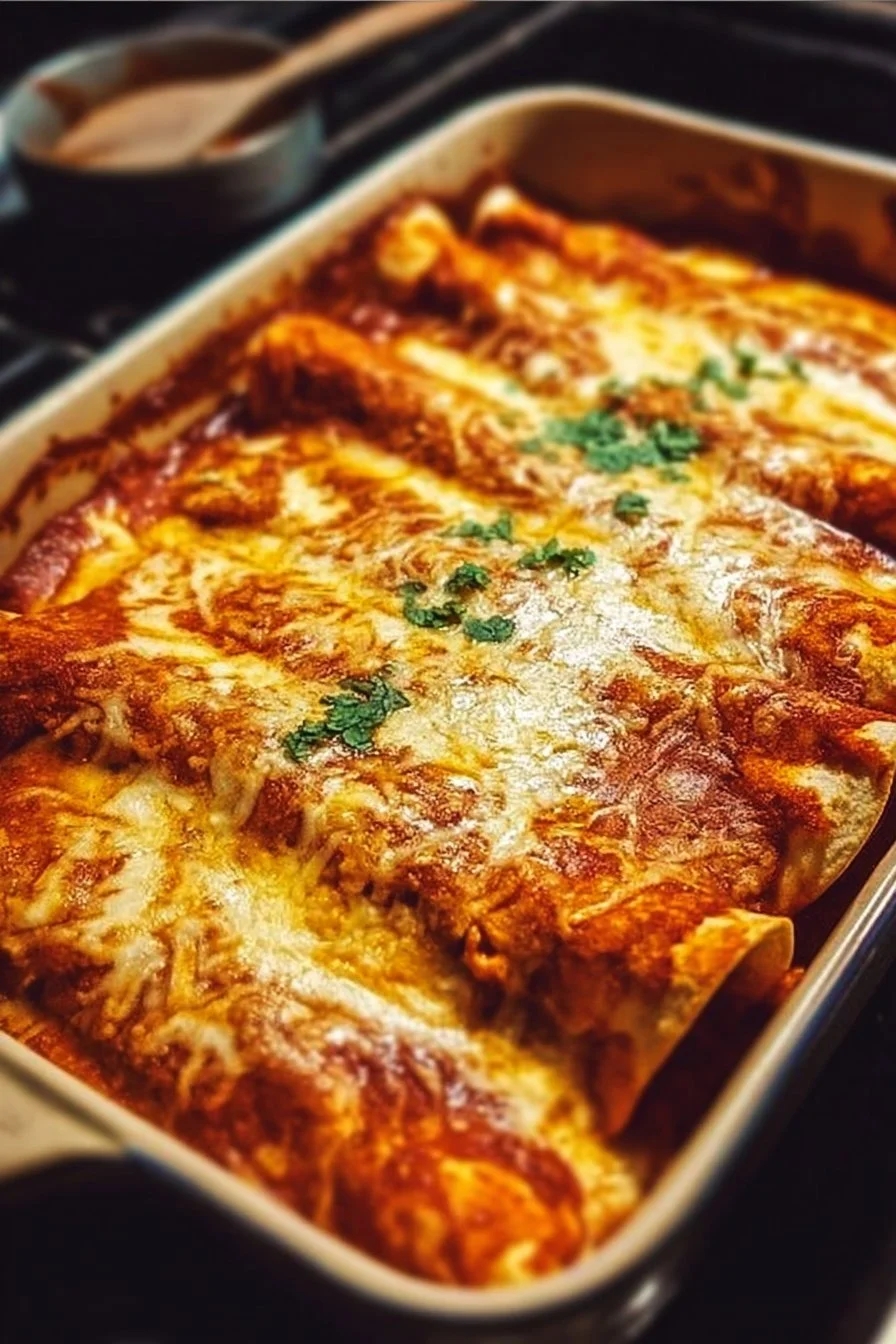 Delicious chicken enchiladas topped with cheese and sauce on a plate