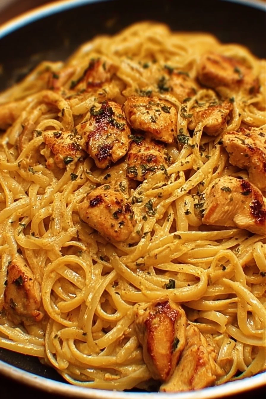 Easy Cowboy Butter Chicken Linguine 2 Delicious Cowboy Butter Chicken Linguine garnished with herbs
