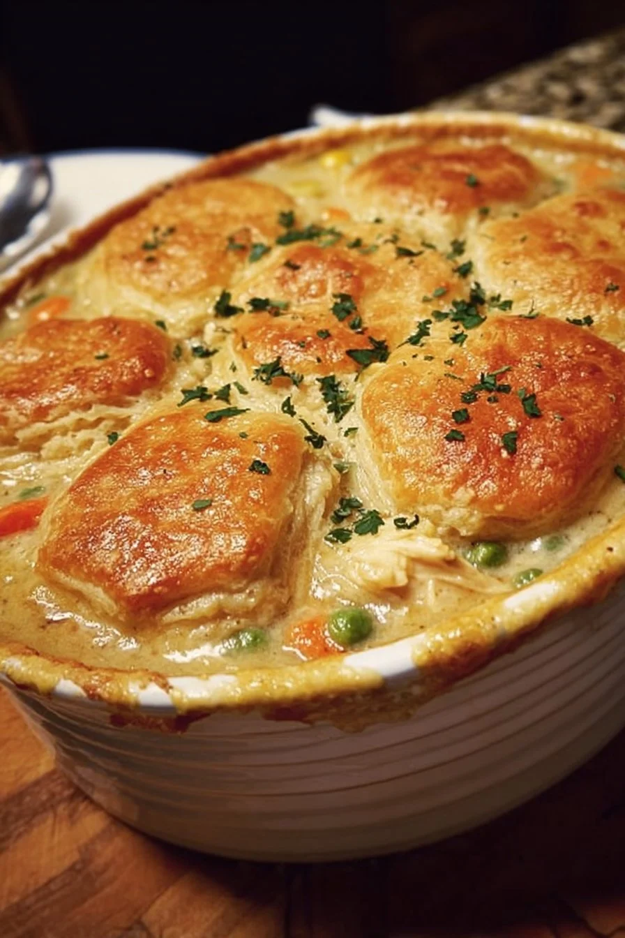 Homemade chicken pot pie casserole served in a dish