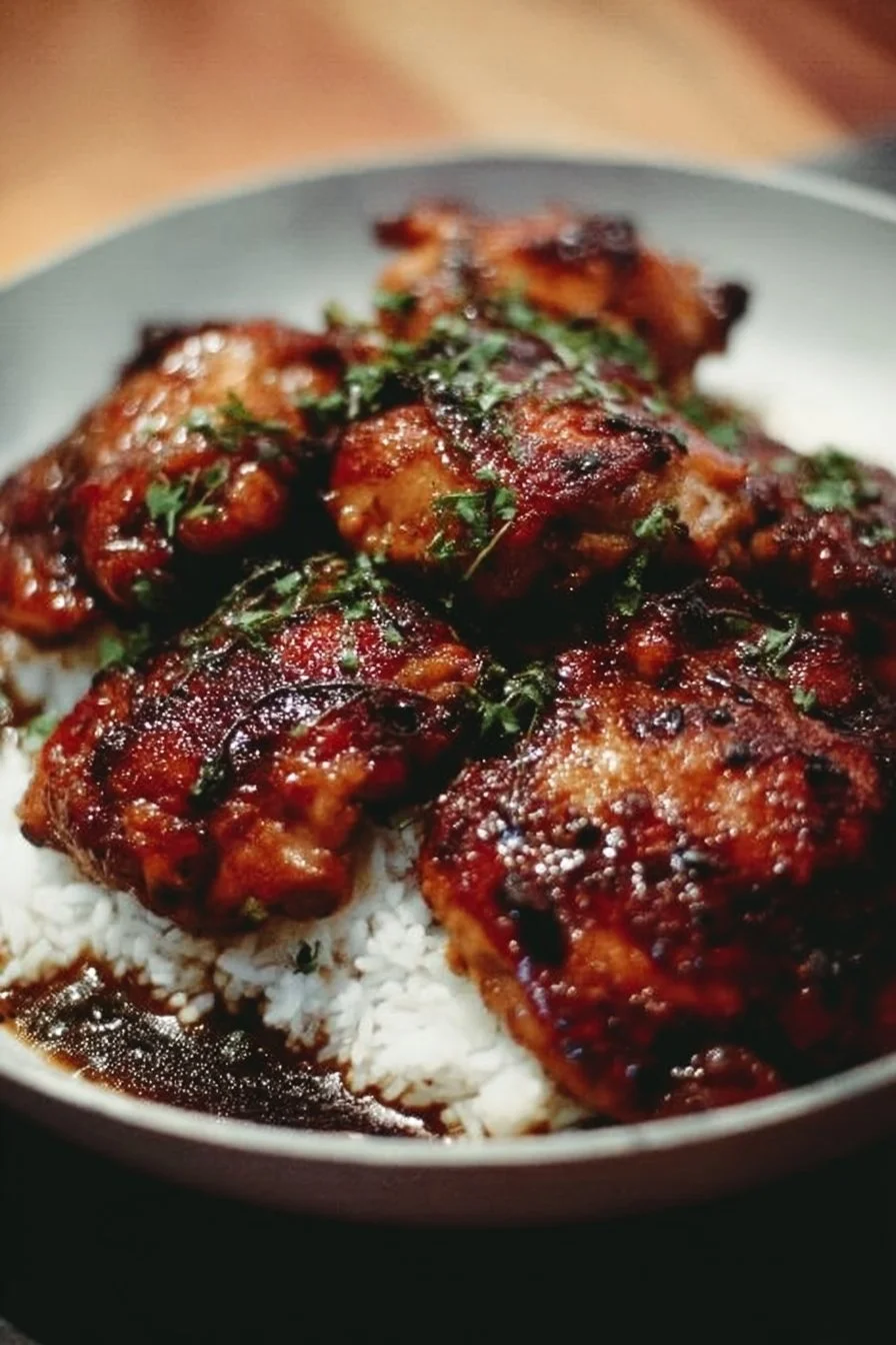 Plate of easy soy garlic chicken thighs garnished with green onions