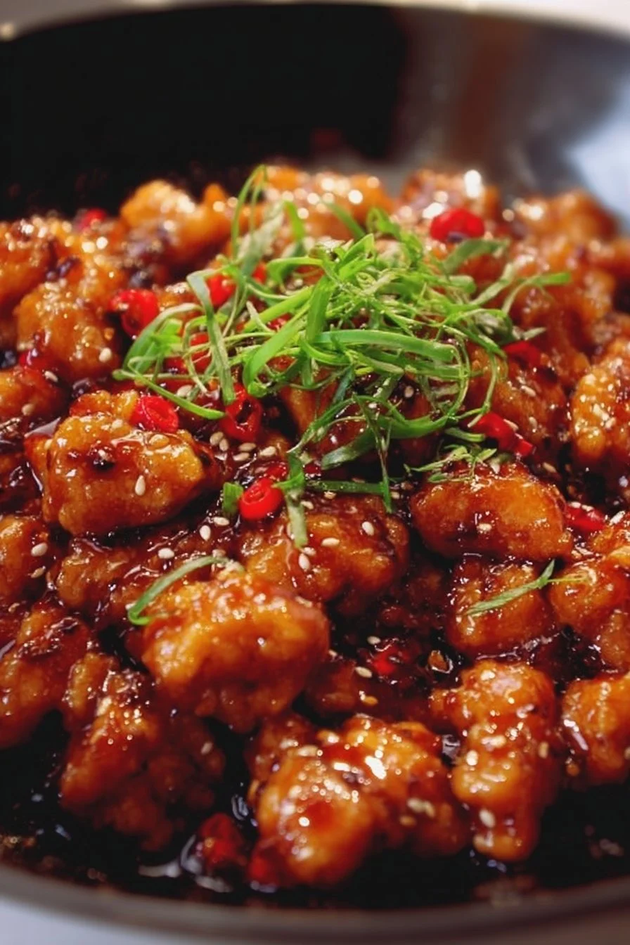 Firecracker Ground Chicken served in a bowl with vegetables and spices.