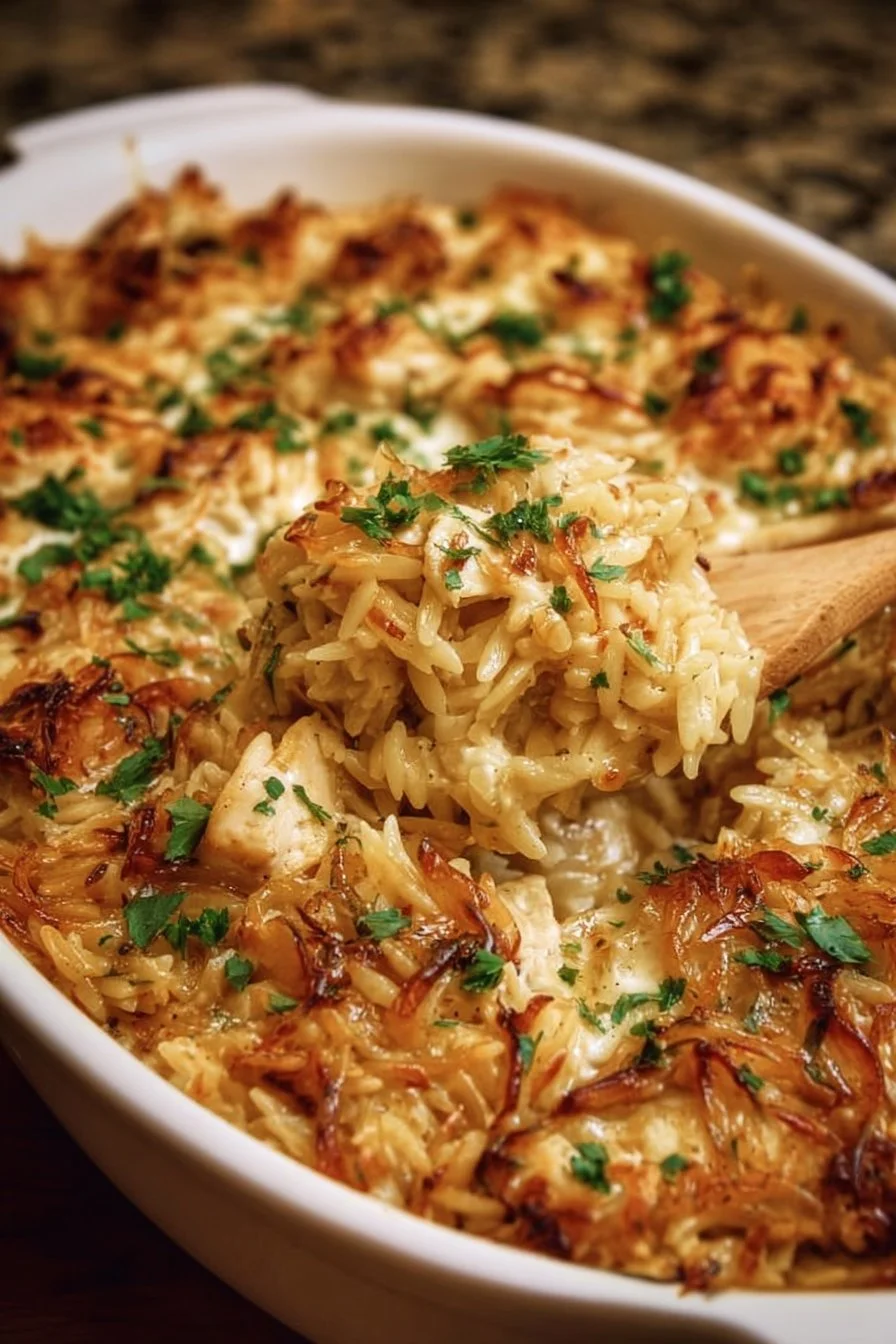 French Onion Chicken Orzo Casserole 2 Delicious French Onion Chicken Orzo Casserole with melted cheese on top