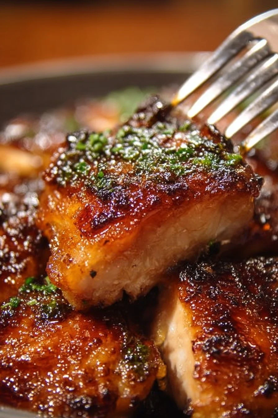 Delicious Garlic Brown Sugar Chicken dish garnished with herbs and served on a plate.