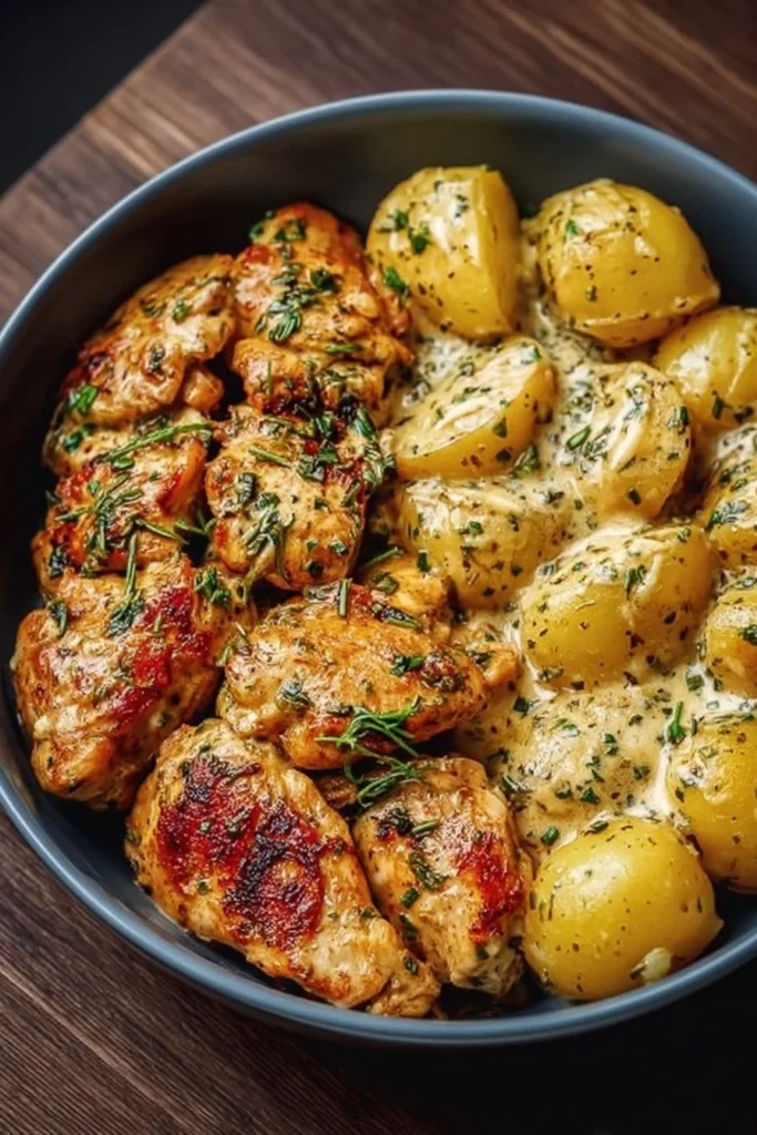 Delicious garlic butter chicken with creamy potatoes, perfect for meal prep.