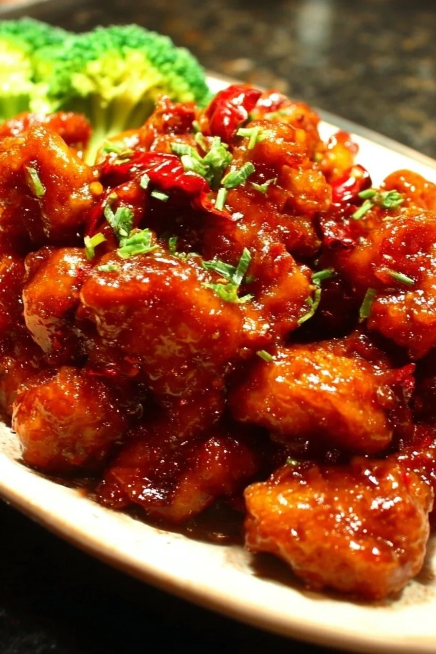 Plate of General Tso's Chicken with crispy chicken pieces and colorful vegetables