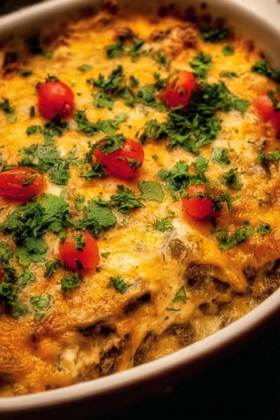 Green Chicken Chile Casserole 2 Delicious Green Chicken Chile Casserole topped with melted cheese and spices