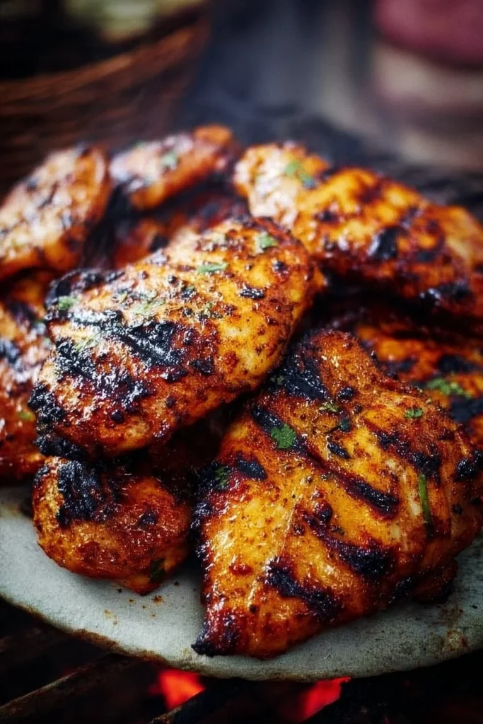Juicy grilled chicken breast garnished with herbs and spices on a grill