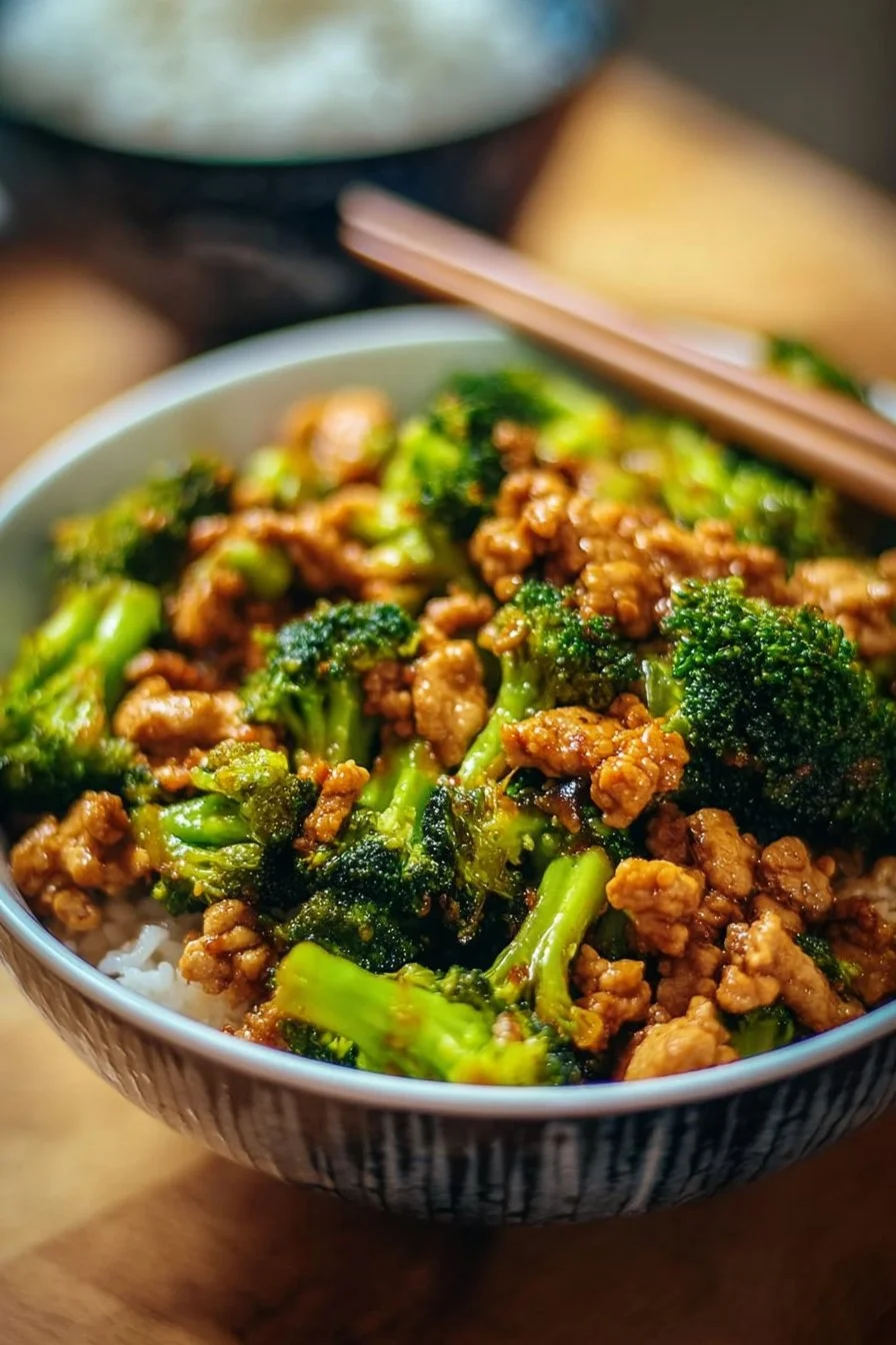 Ground chicken and broccoli stir fry served in a bowl with colorful vegetables