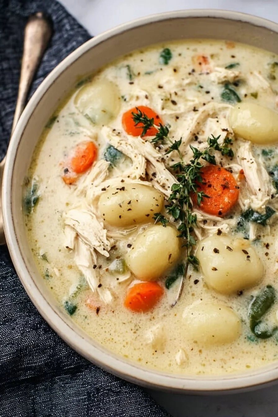 Healthy rotisserie chicken gnocchi soup in a bowl with fresh herbs
