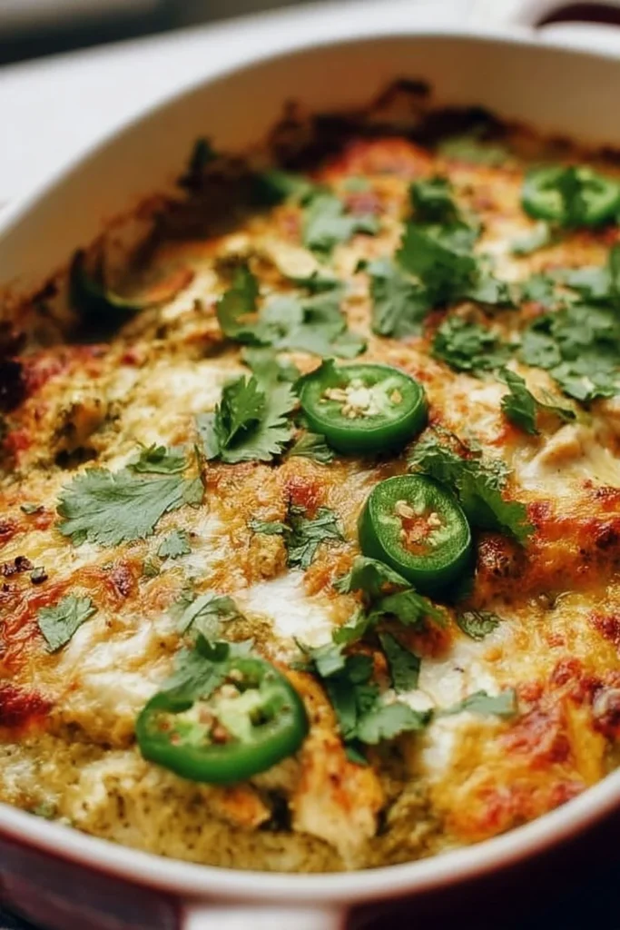 Healthy salsa verde chicken casserole baked in a dish topped with fresh herbs