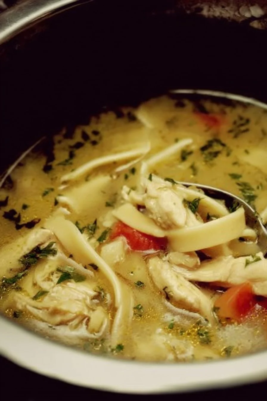 Bowl of homemade chicken noodle soup with vegetables and herbs
