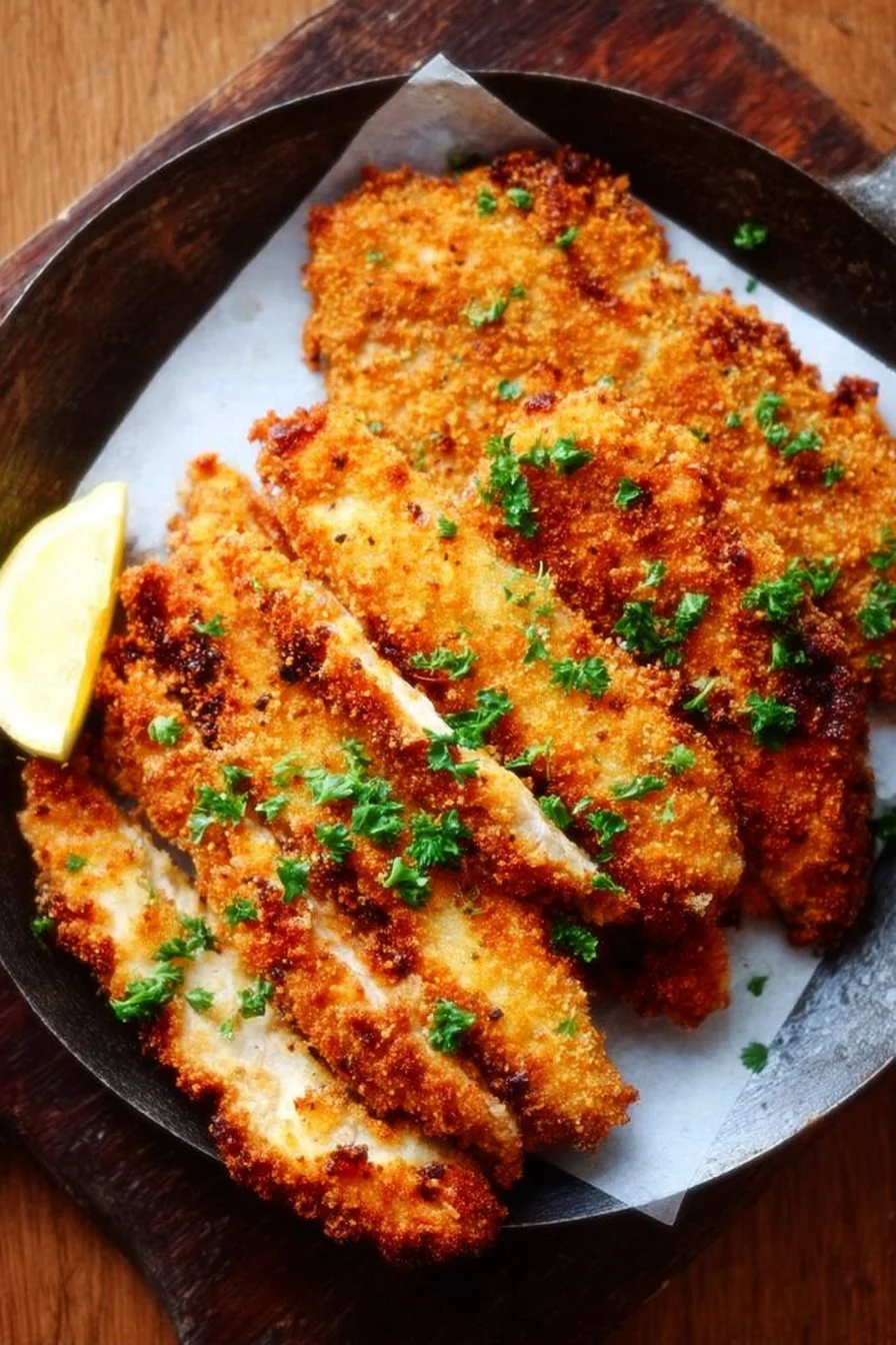 Delicious homemade chicken schnitzels served with fresh salad