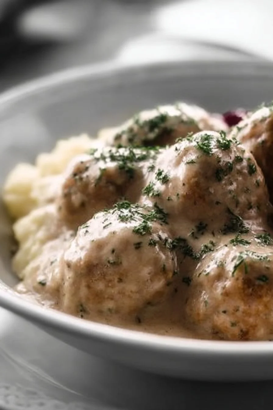 Plate of homemade Swedish chicken meatballs served with a creamy sauce.