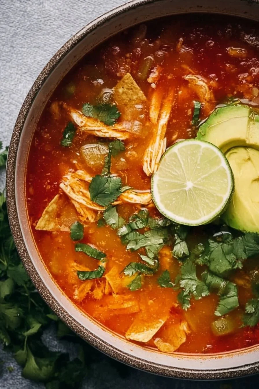 Instant Pot chicken tortilla soup garnished with avocado and tortilla strips