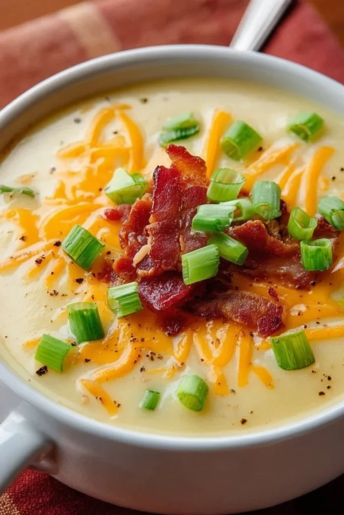 Bowl of creamy Instant Pot loaded potato soup garnished with green onions and cheese