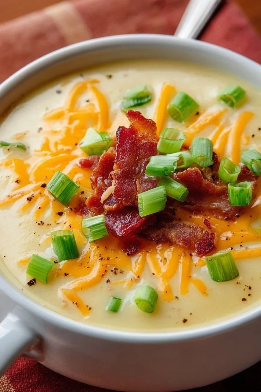 Bowl of creamy Instant Pot loaded potato soup garnished with green onions and cheese