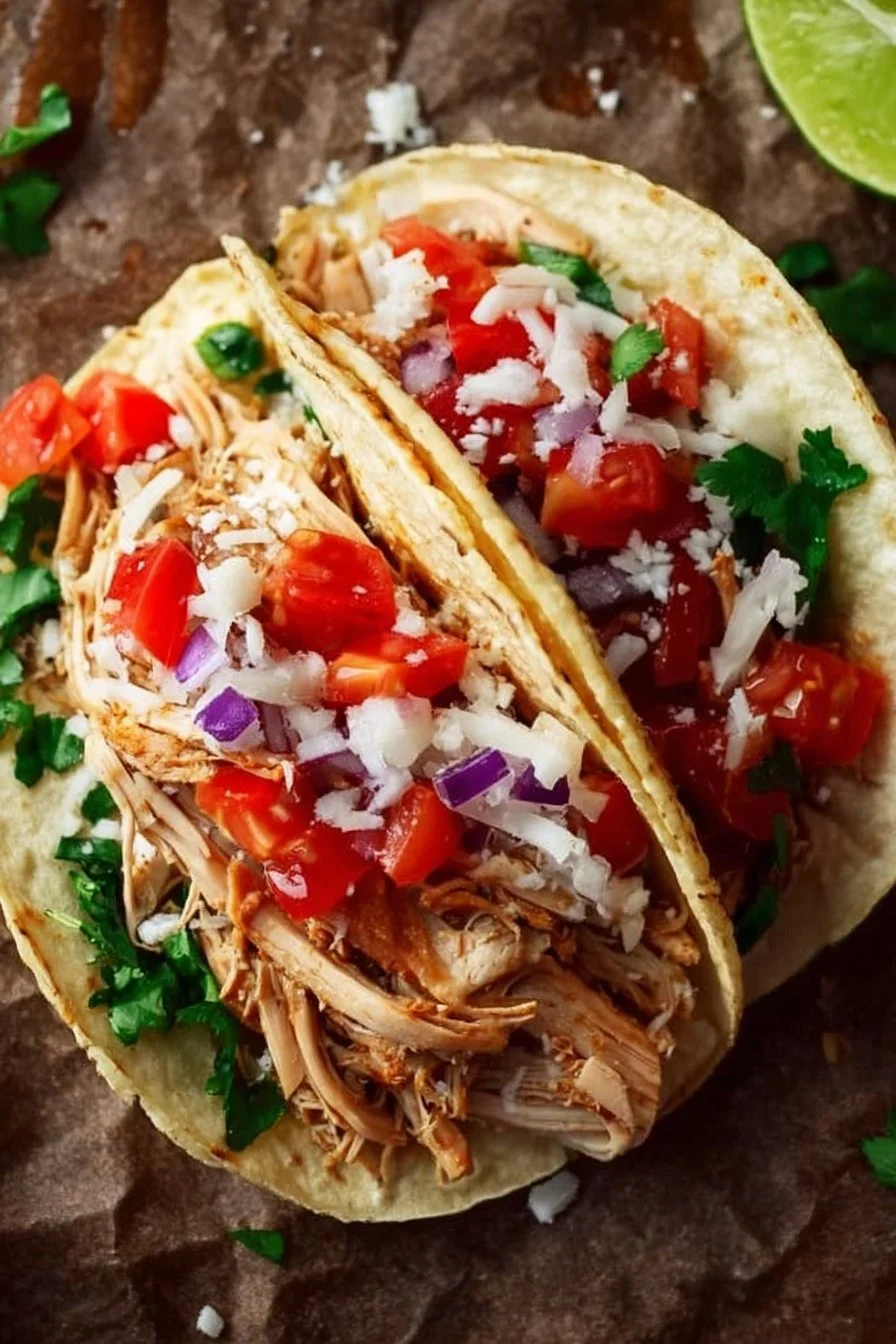 Instant Pot Shredded Chicken Tacos 2 Delicious Instant Pot shredded chicken tacos served on a plate with toppings