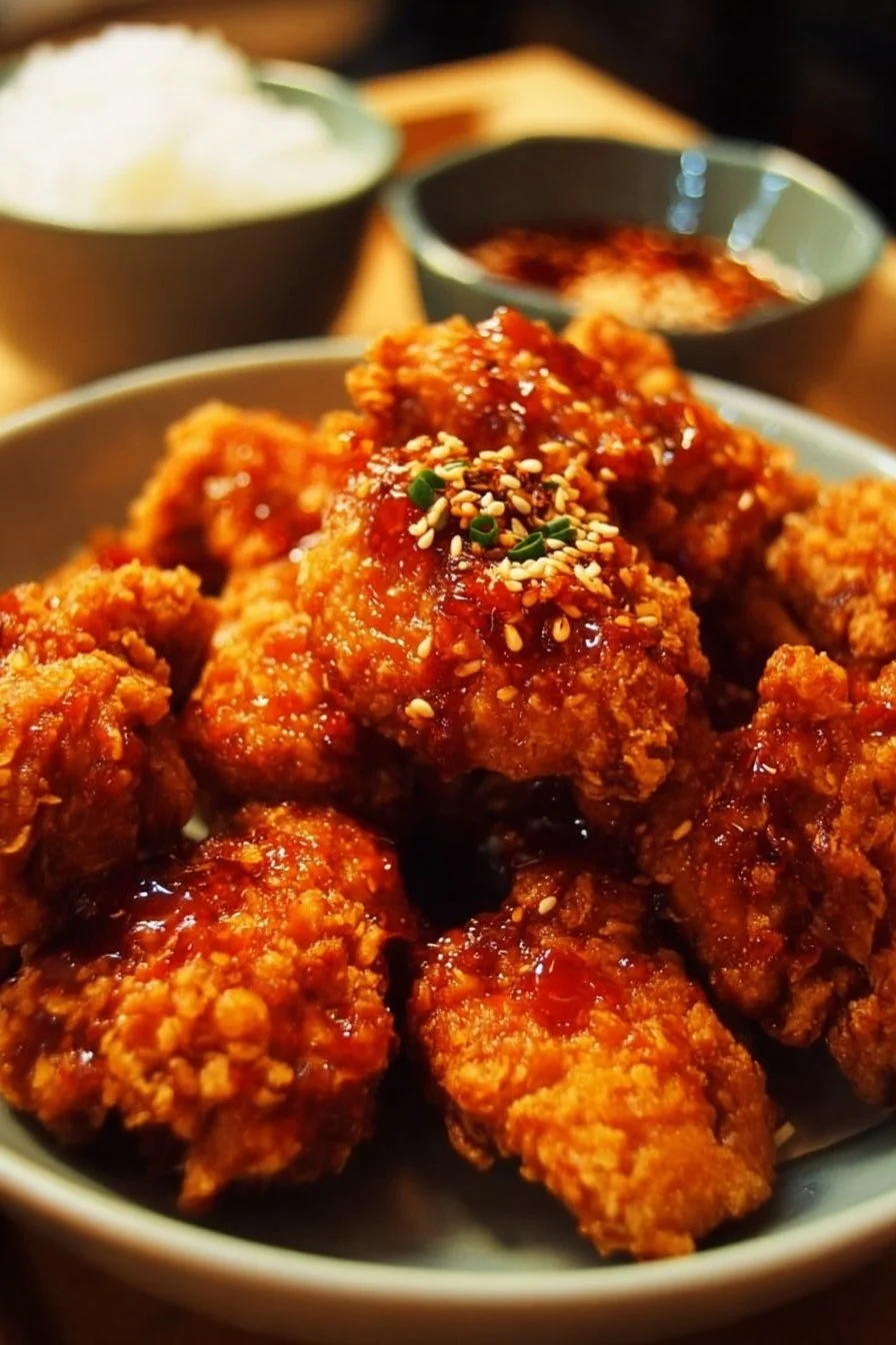 Delicious Korean Fried Chicken served with a spicy dipping sauce