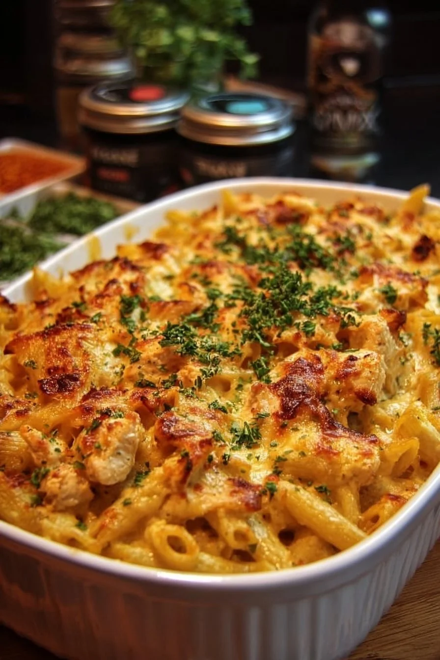 Delicious Marry Me Chicken Pasta Bake topped with cheese and herbs