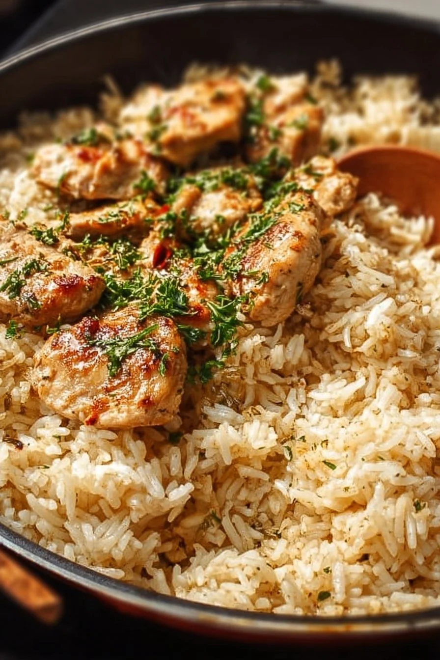 One-pot garlic butter chicken served with rice and herbs