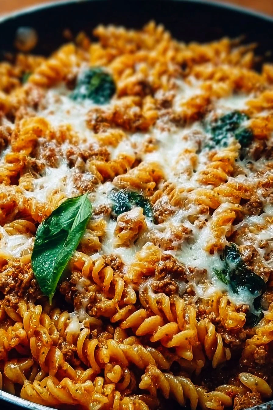 One-Skillet Cheesy Ground Chicken Pasta: Easy Comfort Meal 2 One-skillet cheesy ground chicken pasta dish ready to serve
