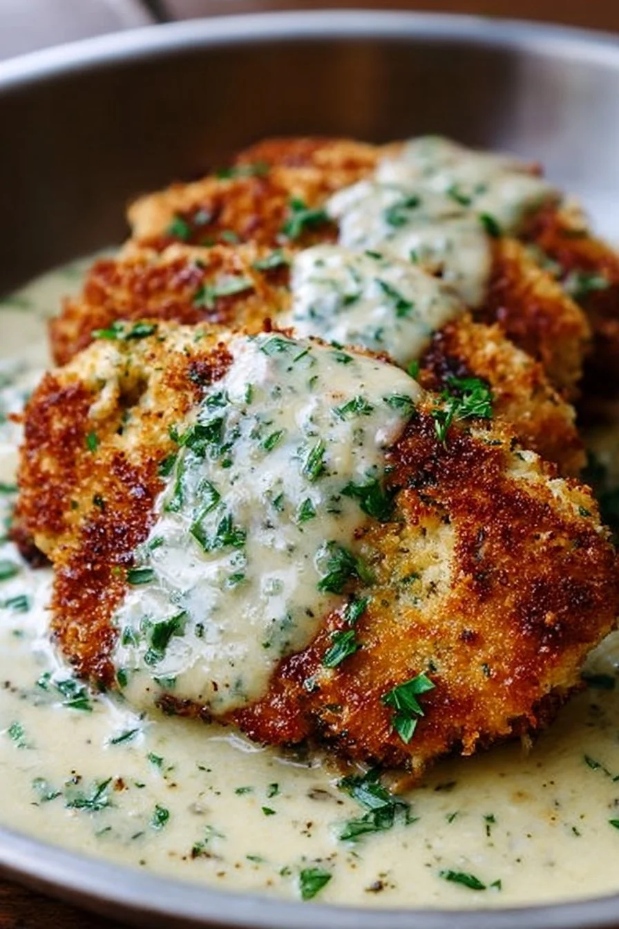 Parmesan crusted chicken served with creamy garlic sauce on a plate