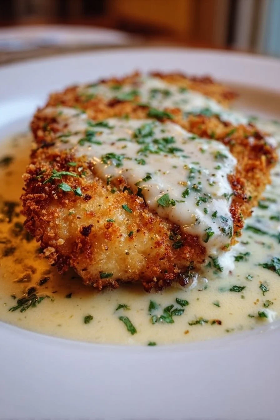 Parmesan Crusted Chicken with Creamy Garlic Sauce – Easy Family Dinner Recipe 2 Parmesan Crusted Chicken with creamy garlic sauce on a plate