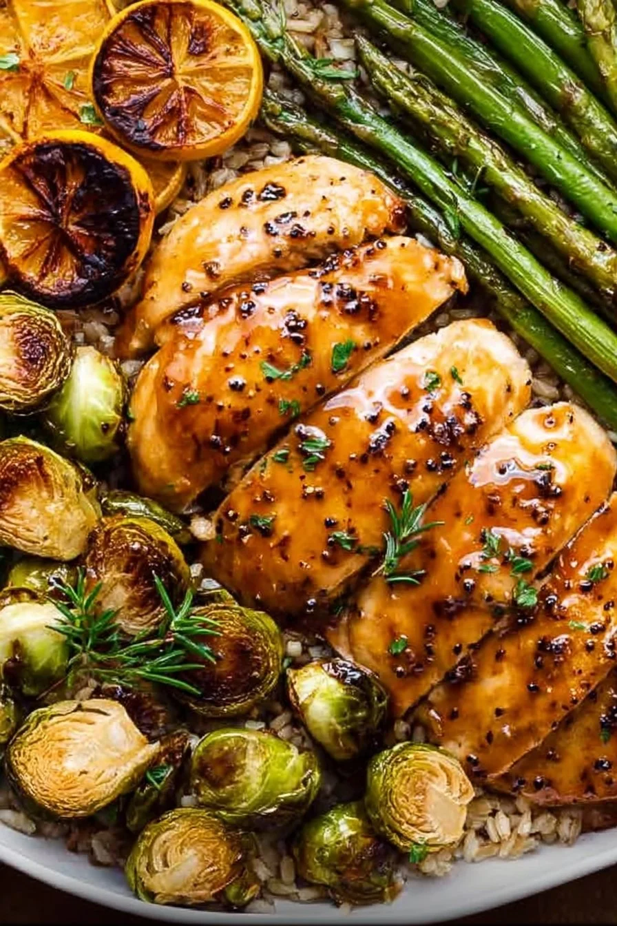 Maple Dijon Chicken served on a sheet pan with veggies.