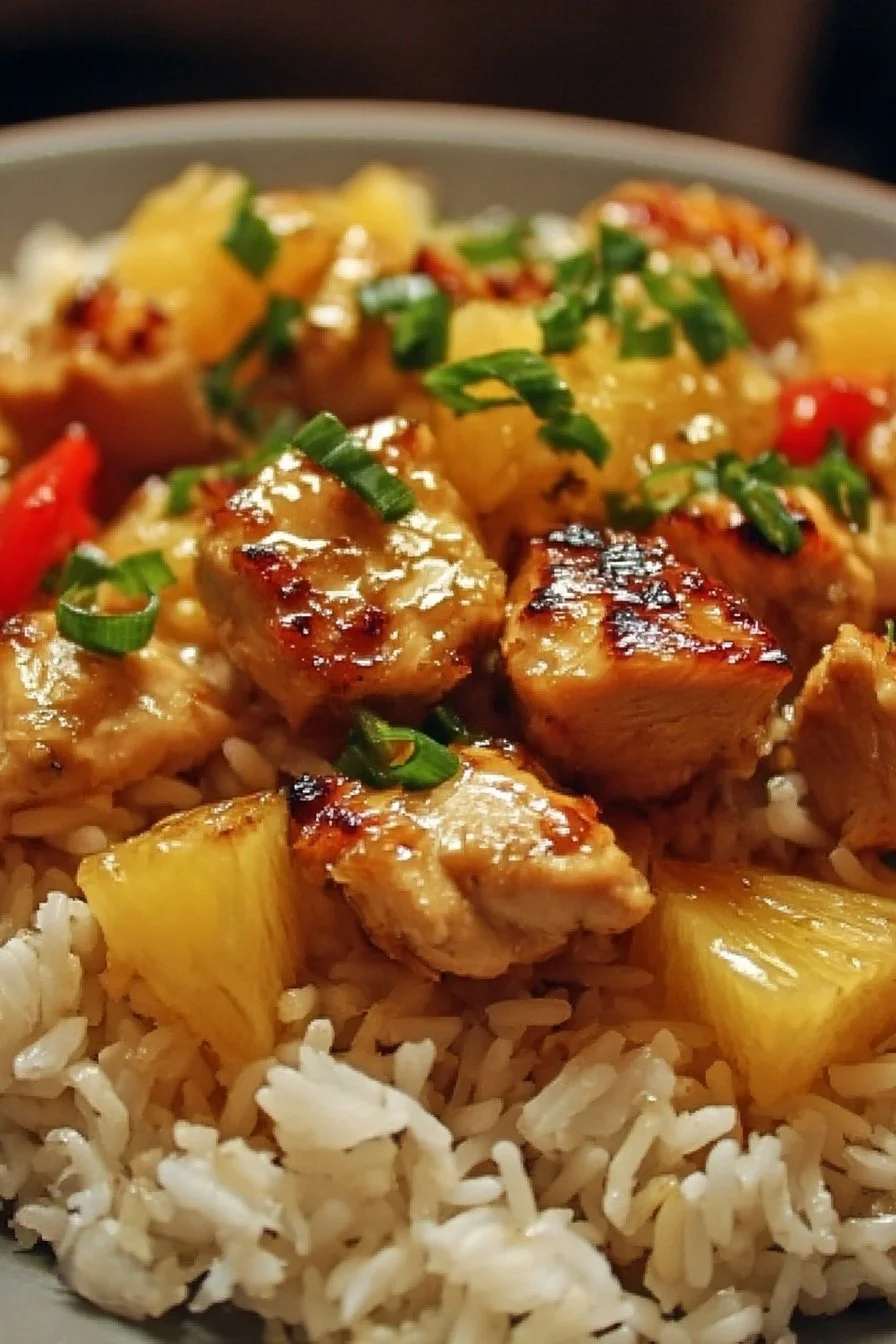Pineapple chicken served over rice with colorful vegetables