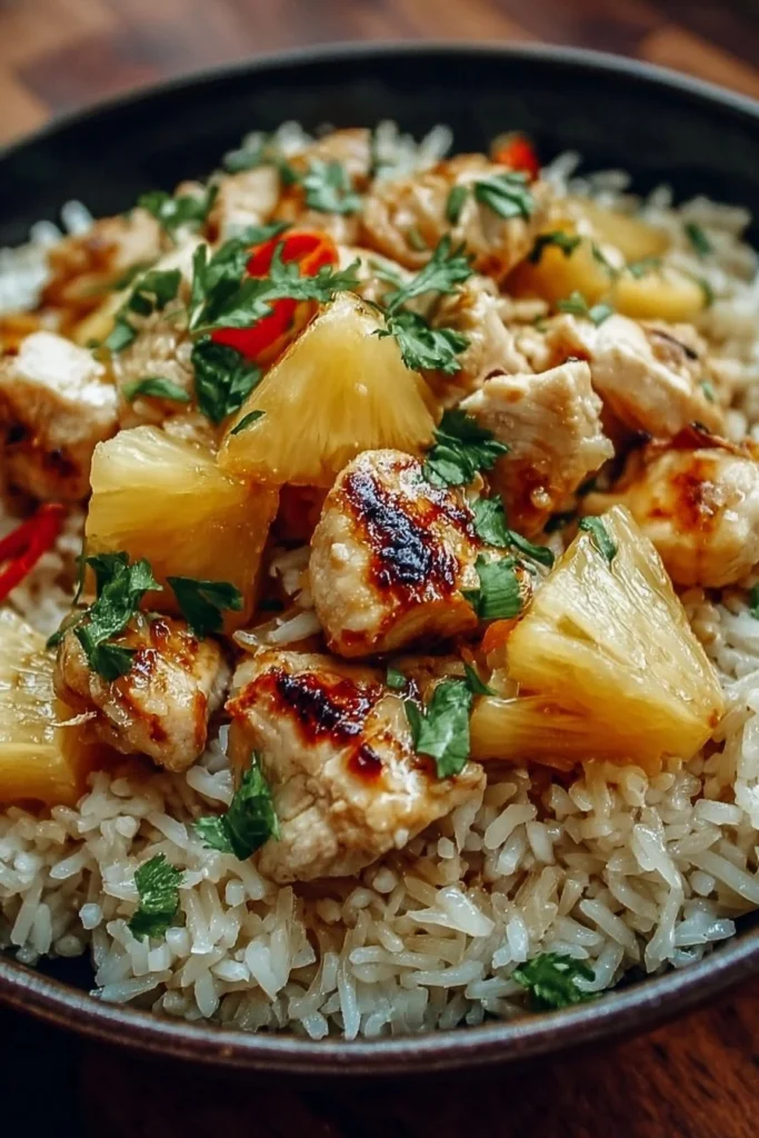Delicious pineapple chicken served on a bed of rice with vibrant vegetables