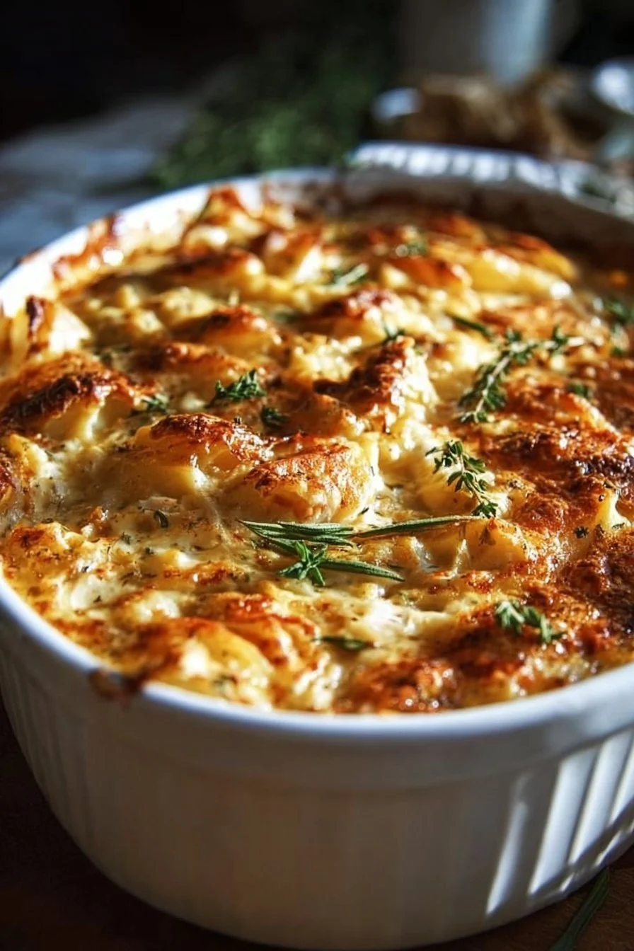 Delicious Rotisserie Chicken Casserole baked in a dish with cheese and vegetables
