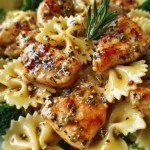 Delicious Cowboy Butter Lemon Bowtie Chicken dish garnished with fresh herbs