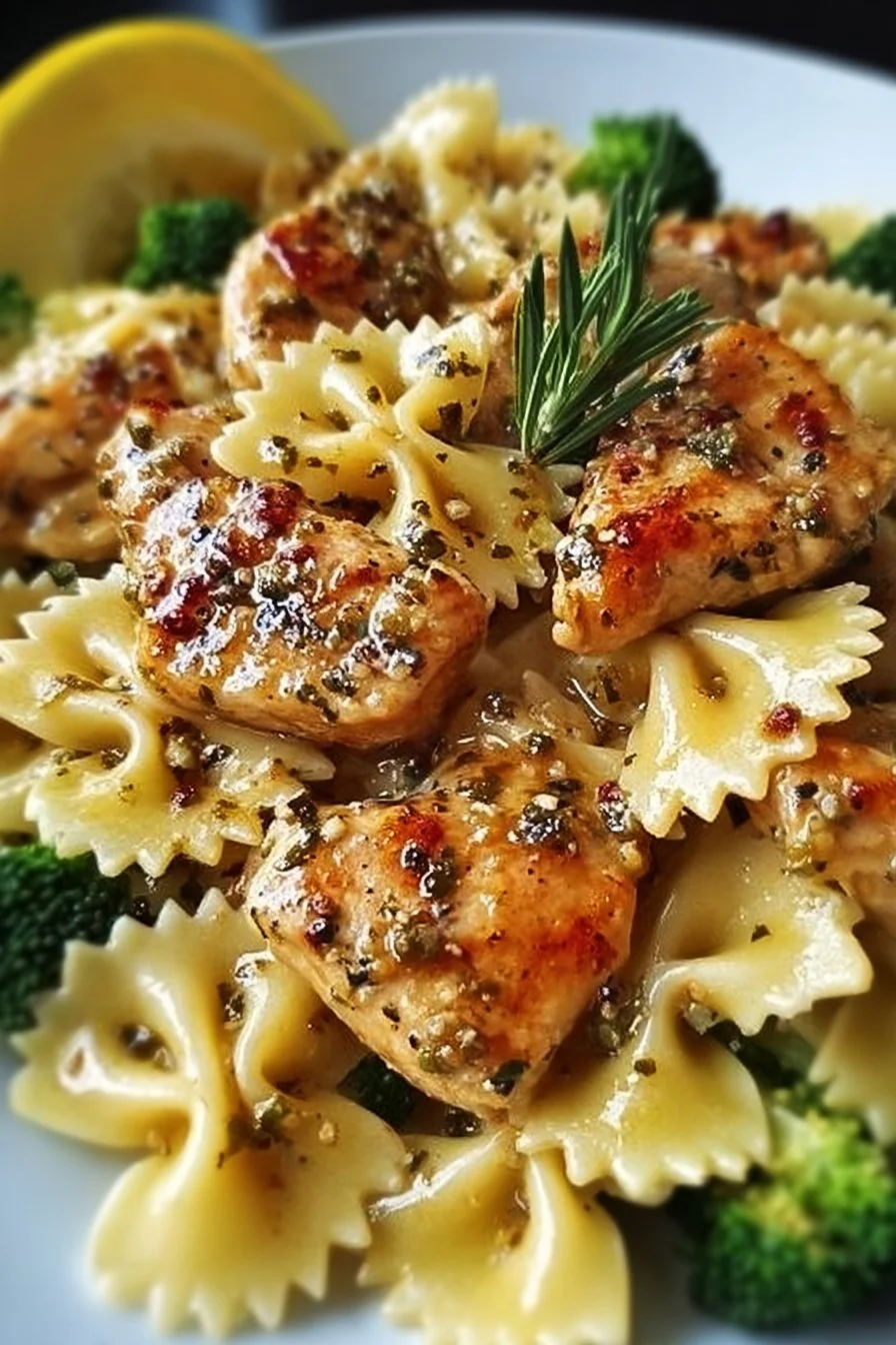 Delicious Cowboy Butter Lemon Bowtie Chicken dish garnished with fresh herbs