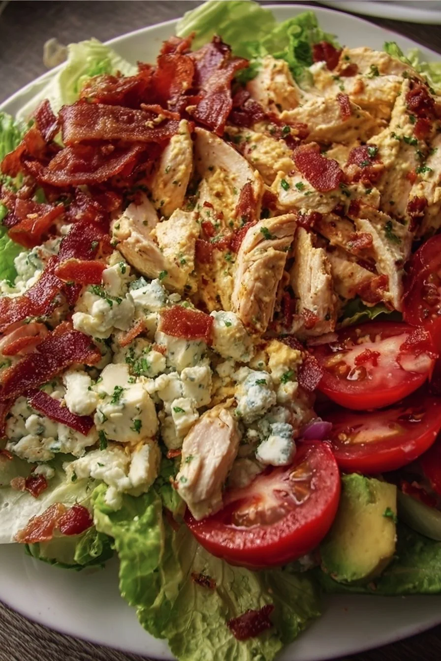 Savory BLT Chicken Salad with fresh ingredients like lettuce, tomato, bacon, and chicken.
