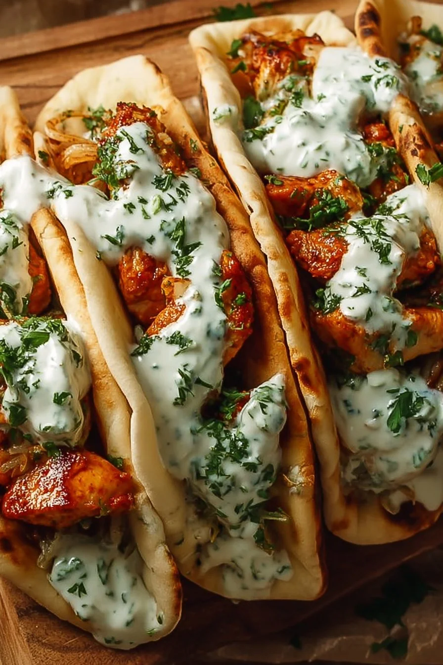 Sheet pan chicken pitas served with herby ranch dressing.