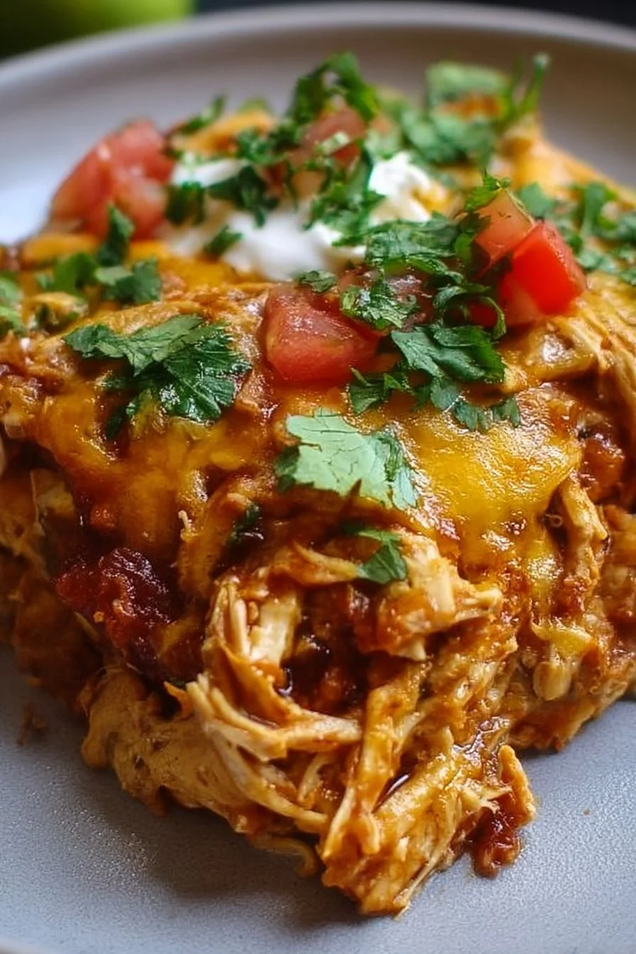 Delicious chicken enchilada casserole topped with cheese and fresh cilantro.