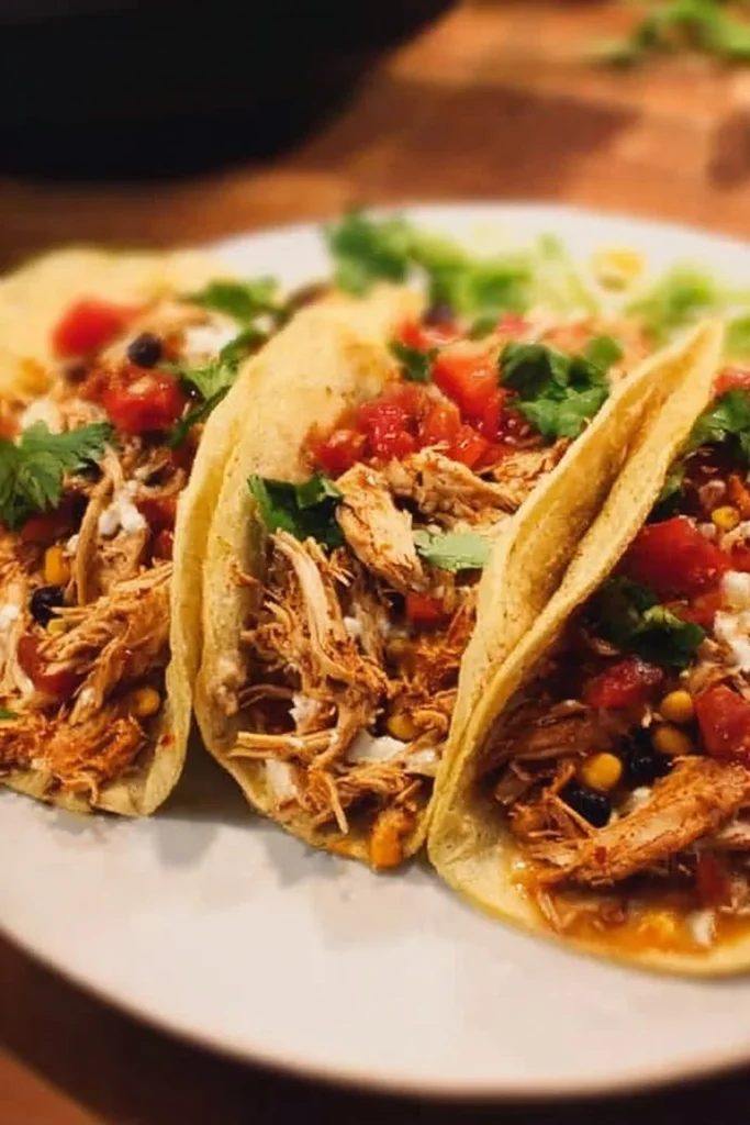Delicious slow cooker chicken tacos served with toppings and fresh ingredients