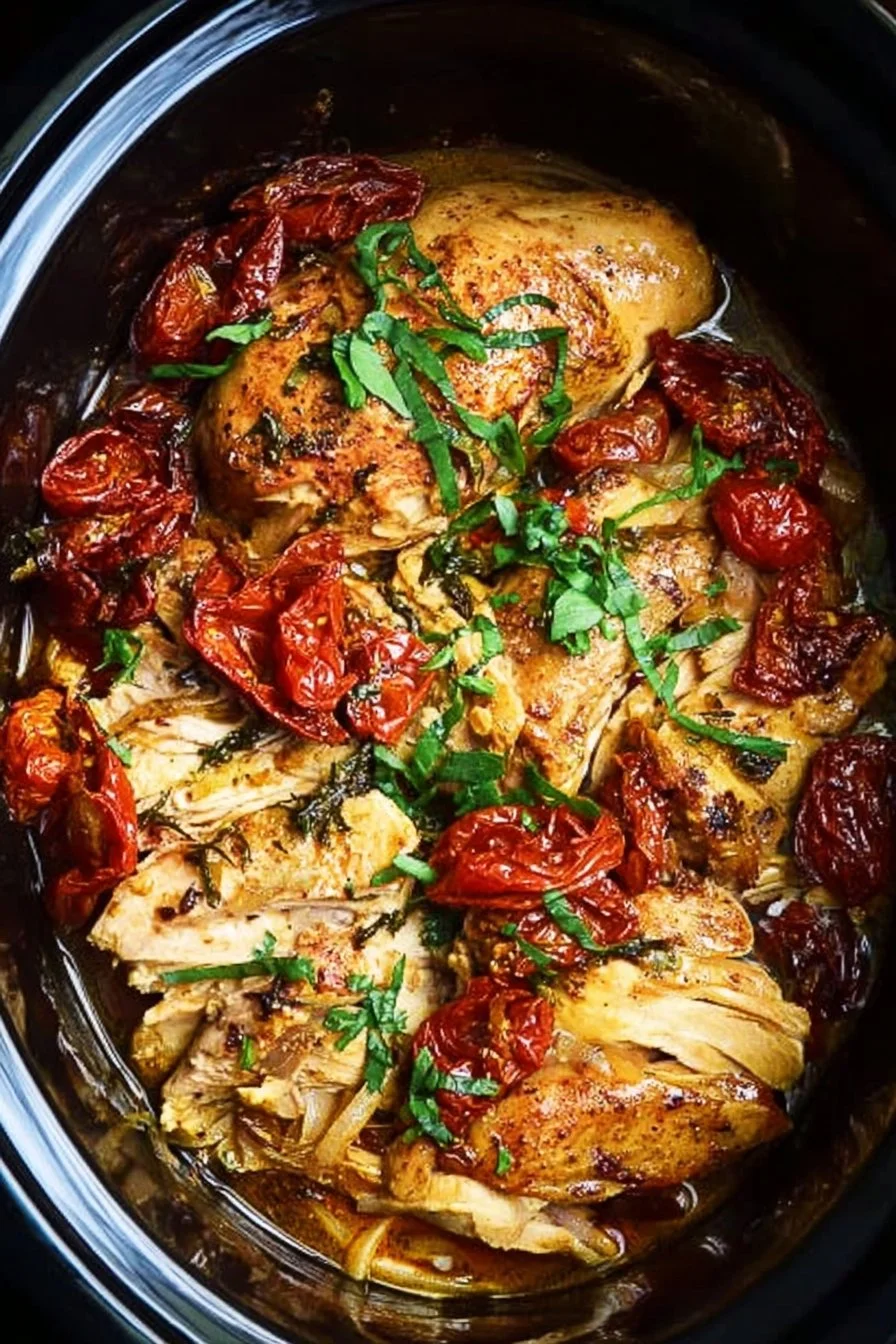 Slow Cooker Tuscan Chicken 2 Delicious slow cooker Tuscan chicken served with herbs and spices