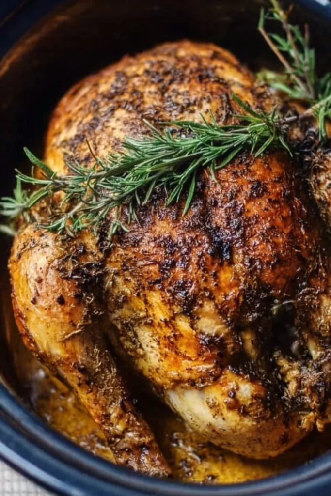 Slow cooker whole chicken seasoned and ready to serve on a plate.