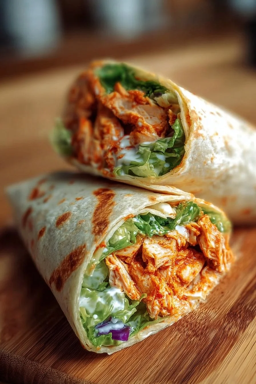 Spicy Buffalo Chicken Wraps served on a plate with fresh vegetables